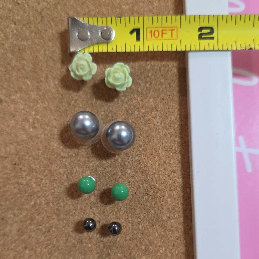 4 Pair Of Simple Pierced Earrings: Rose, Silver, Green And Gunmetal Bundle
